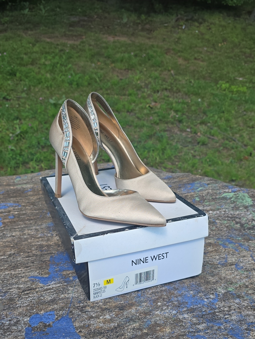Nine West Satin Champagne D'Orsay Pointed-Toe Heels with Crystal Trim - Picture 1 of 9